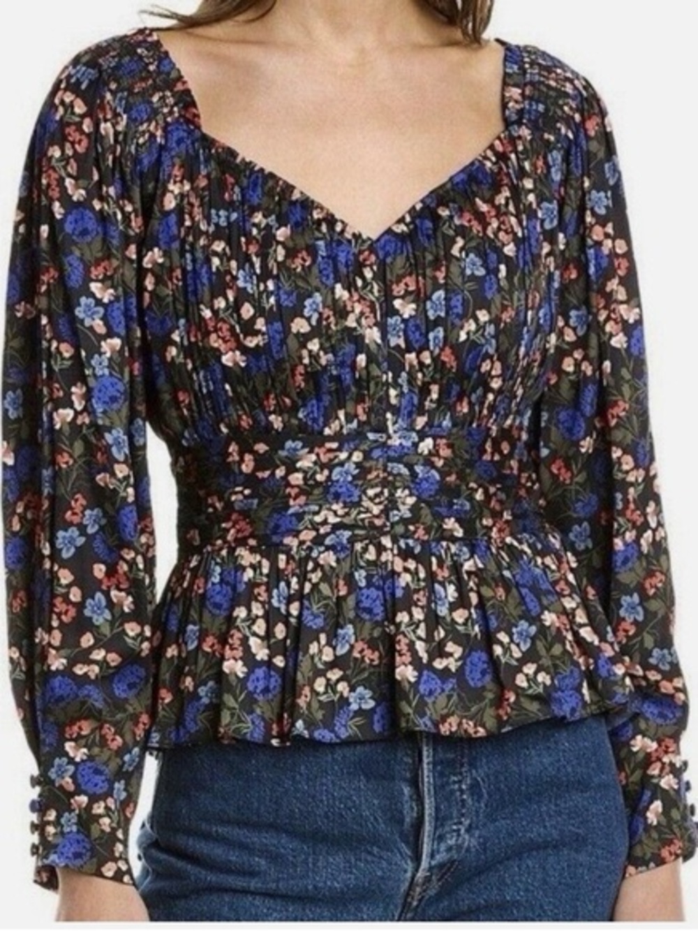 HUNTER BELL Black Floral Smocked Peplum Top with Blue & Pink Flowers